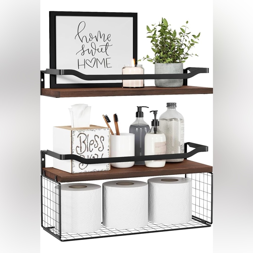 Floating Shelves With Wire Storage Basket, Bathroom Shelves Over Toilet